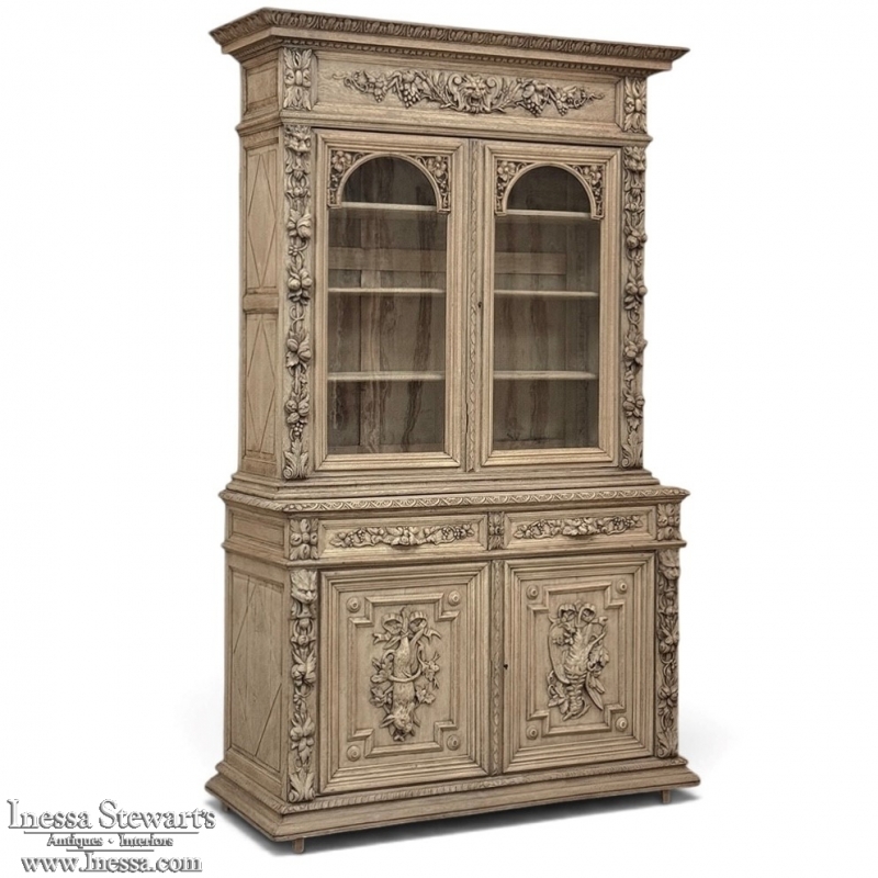 19th Century French Renaissance Hunt Stripped Oak Bookcase
