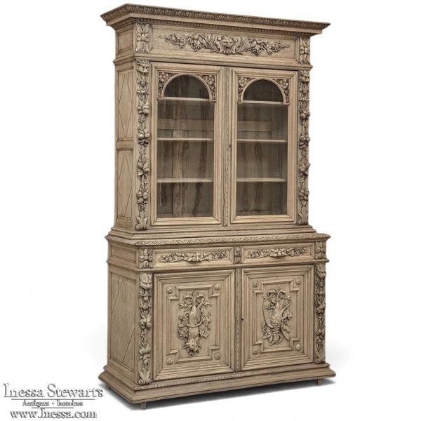 19th Century French Renaissance Hunt Stripped Oak Bookcase