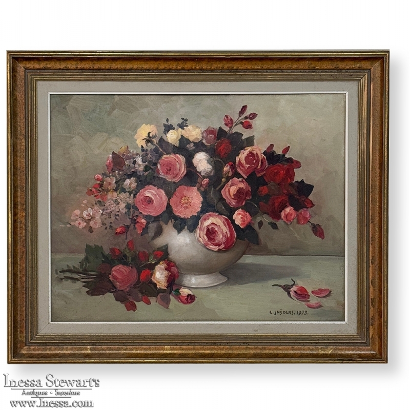 Dutch Still Life of Garden Roses in an Ironstone Tureen by L. Snijders, Dated 1973
