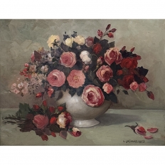 Dutch Still Life of Garden Roses in an Ironstone Tureen by L. Snijders, Dated 1973