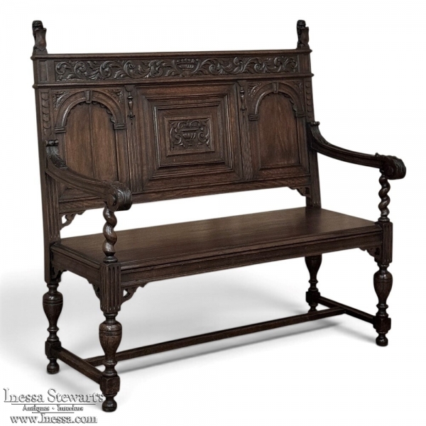 19th Century Dutch Carved Oak Renaissance Revival Bench