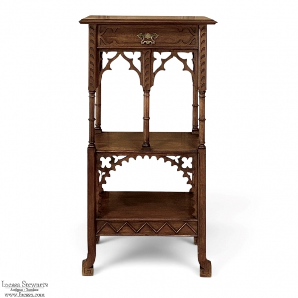 19th Century French Walnut Gothic Pedestal ~ Etagere End Table