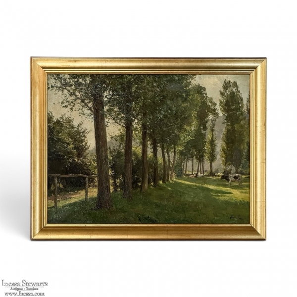 Antique Belgian Oil on Canvas Painting &ldquo;Cows Grazing&rdquo; by Xavier Wurth (1869-1933)