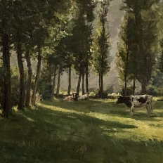 Antique Belgian Oil on Canvas Painting “Cows Grazing” by Xavier Wurth (1869-1933)