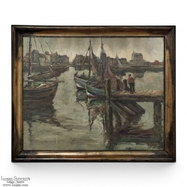 Antique Framed Oil Painting on Canvas by A. Sengier (1886-1964) 'Sailboats at the Quay'
