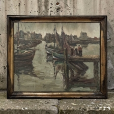 Antique Framed Oil Painting on Canvas by A. Sengier (1886-1964) 'Sailboats at the Quay'