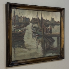 Antique Framed Oil Painting on Canvas by A. Sengier (1886-1964) 'Sailboats at the Quay'