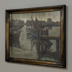 Antique Framed Oil Painting on Canvas by A. Sengier (1886-1964) 'Sailboats at the Quay'