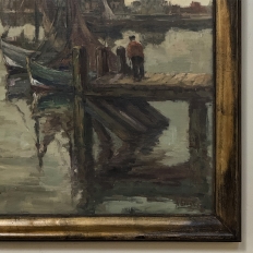 Antique Framed Oil Painting on Canvas by A. Sengier (1886-1964) 'Sailboats at the Quay'