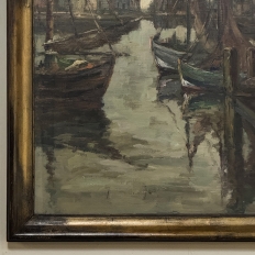 Antique Framed Oil Painting on Canvas by A. Sengier (1886-1964) 'Sailboats at the Quay'