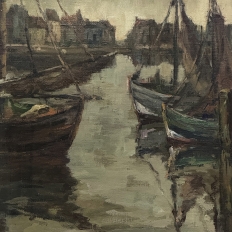 Antique Framed Oil Painting on Canvas by A. Sengier (1886-1964) 'Sailboats at the Quay'