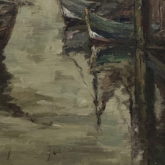 Antique Framed Oil Painting on Canvas by A. Sengier (1886-1964) 'Sailboats at the Quay'