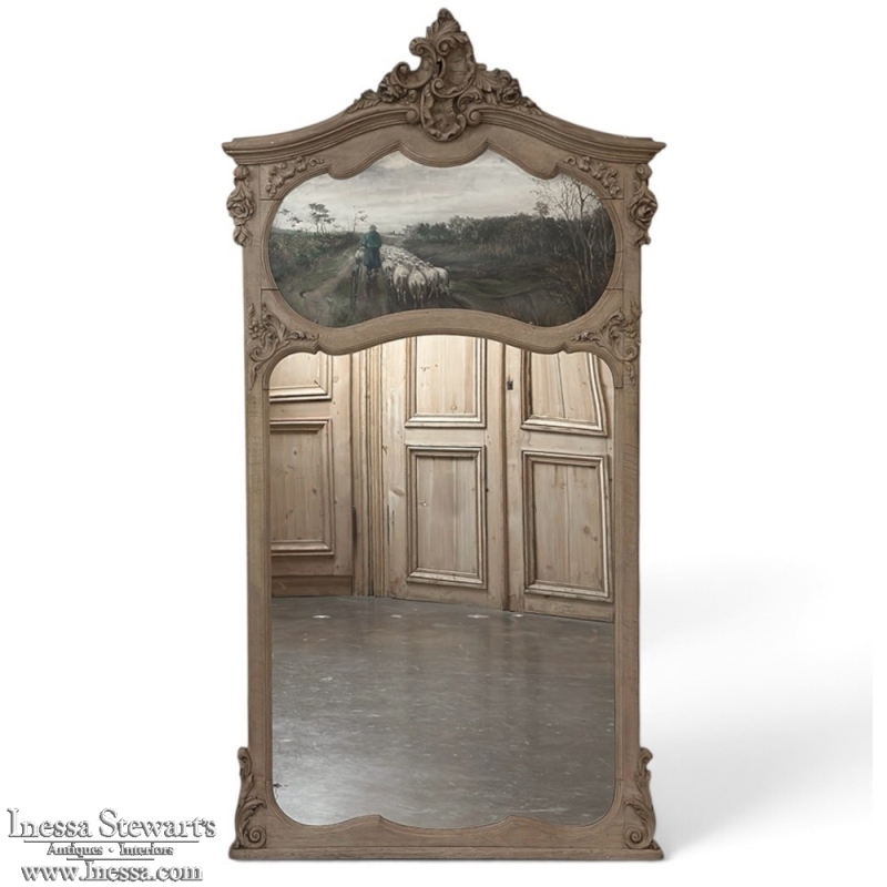 19th Century Country French Louis XV Stripped Oak Trumeau Mirror