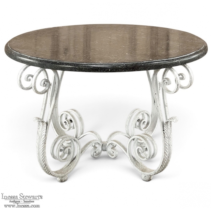 Antique French Painted Wrought Iron Round Coffee Table with Black Marble