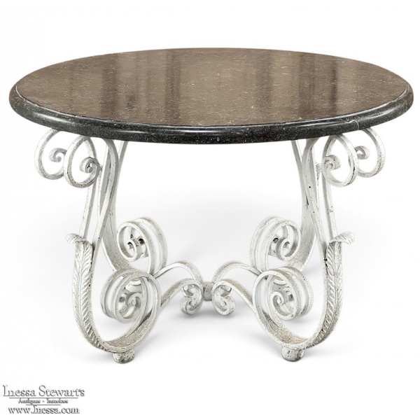 Antique French Painted Wrought Iron Round Coffee Table with Black Marble