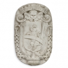 17th Century French Carrara Marble Heraldic Lion Crest with Cherub