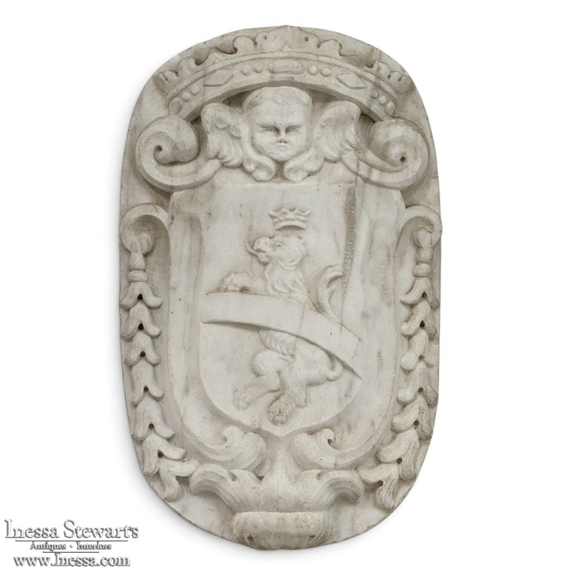 17th Century French Carrara Marble Heraldic Lion Crest with Cherub