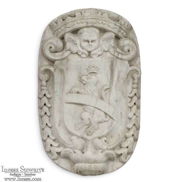 17th Century French Carrara Marble Heraldic Lion Crest with Cherub