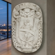 17th Century French Carrara Marble Heraldic Lion Crest with Cherub