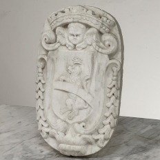 17th Century French Carrara Marble Heraldic Lion Crest with Cherub