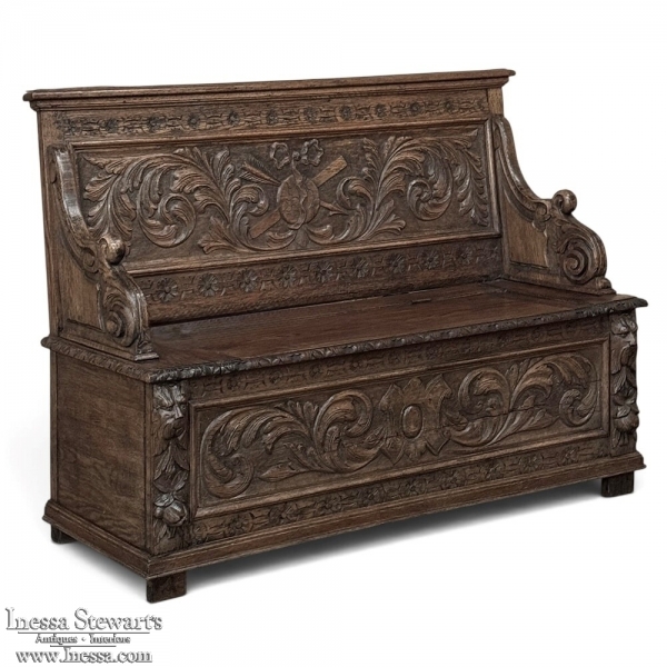 19th Century French Renaissance Revival Oak Trunk ~ Hall Bench