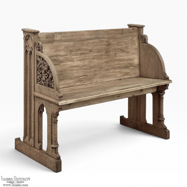 19th Century Gothic Revival Stripped Oak & Fruitwood Deacon&rsquo;s Bench