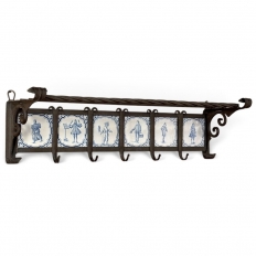19th Century Dutch Wrought Iron Coat Rack with Delft Tiles