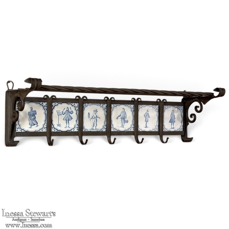 19th Century Dutch Wrought Iron Coat Rack with Delft Tiles