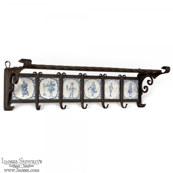 19th Century Dutch Wrought Iron Coat Rack with Delft Tiles