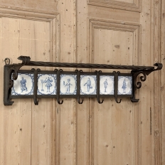 19th Century Dutch Wrought Iron Coat Rack with Delft Tiles
