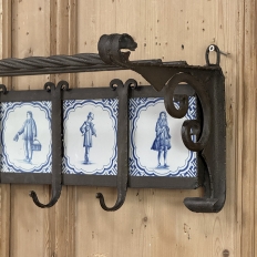 19th Century Dutch Wrought Iron Coat Rack with Delft Tiles