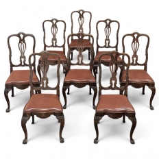 Set of Eight Antique Oak Chippendale Dining Chairs with Leather