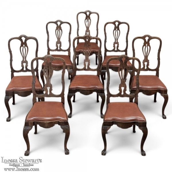 Set of Eight Antique Oak Chippendale Dining Chairs with Leather