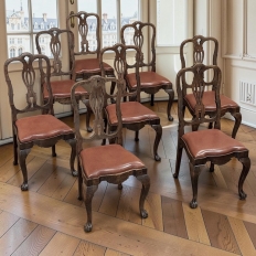 Set of Eight Antique Oak Chippendale Dining Chairs with Leather