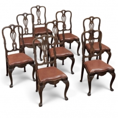 Set of Eight Antique Oak Chippendale Dining Chairs with Leather