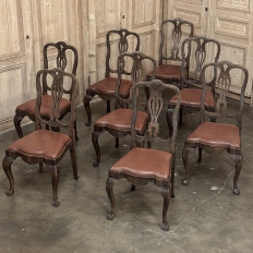 Set of Eight Antique Oak Chippendale Dining Chairs with Leather