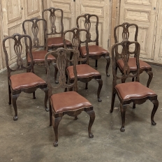 Set of Eight Antique Oak Chippendale Dining Chairs with Leather