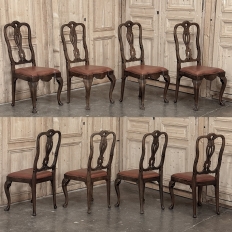 Set of Eight Antique Oak Chippendale Dining Chairs with Leather