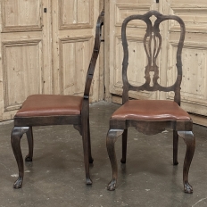 Set of Eight Antique Oak Chippendale Dining Chairs with Leather