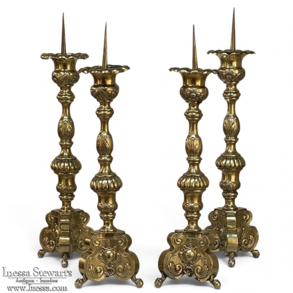 Set of FOUR Late 17th Century French Renaissance Brass Altar Candlesticks