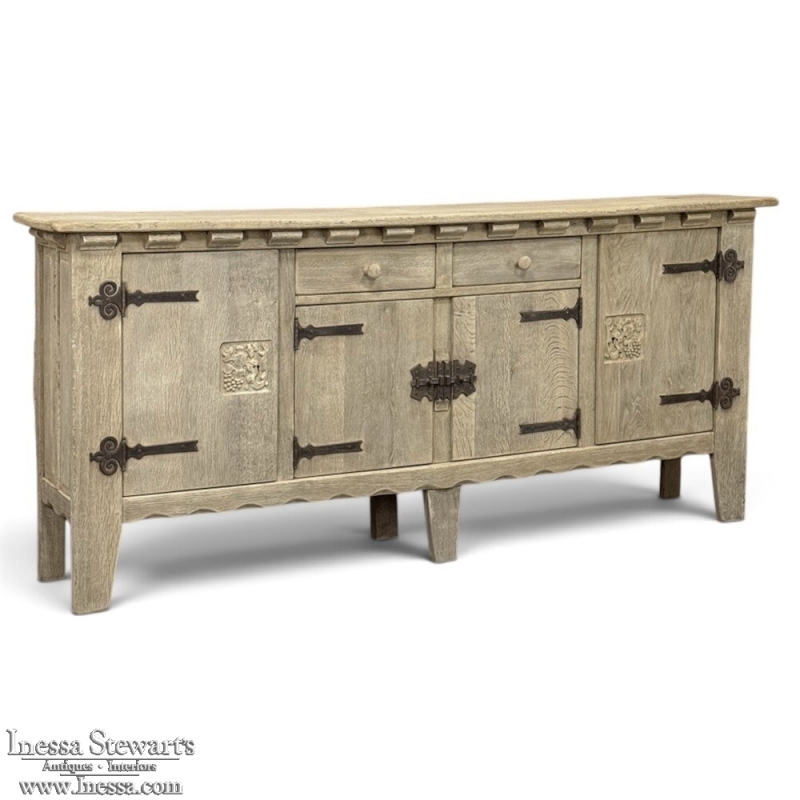 Dutch Neo-Gothic Stripped Oak Buffet with Hand-Forged Ironwork