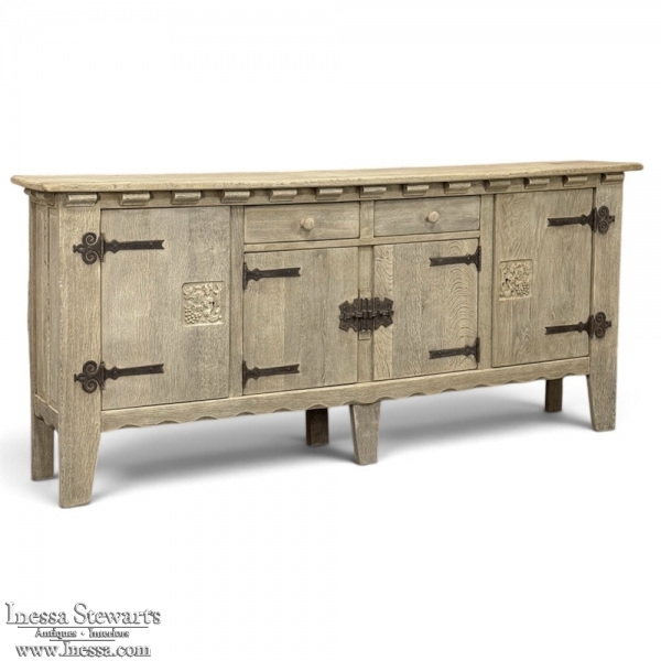 Dutch Neo-Gothic Stripped Oak Buffet with Hand-Forged Ironwork