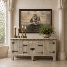 Dutch Neo-Gothic Stripped Oak Buffet with Hand-Forged Ironwork