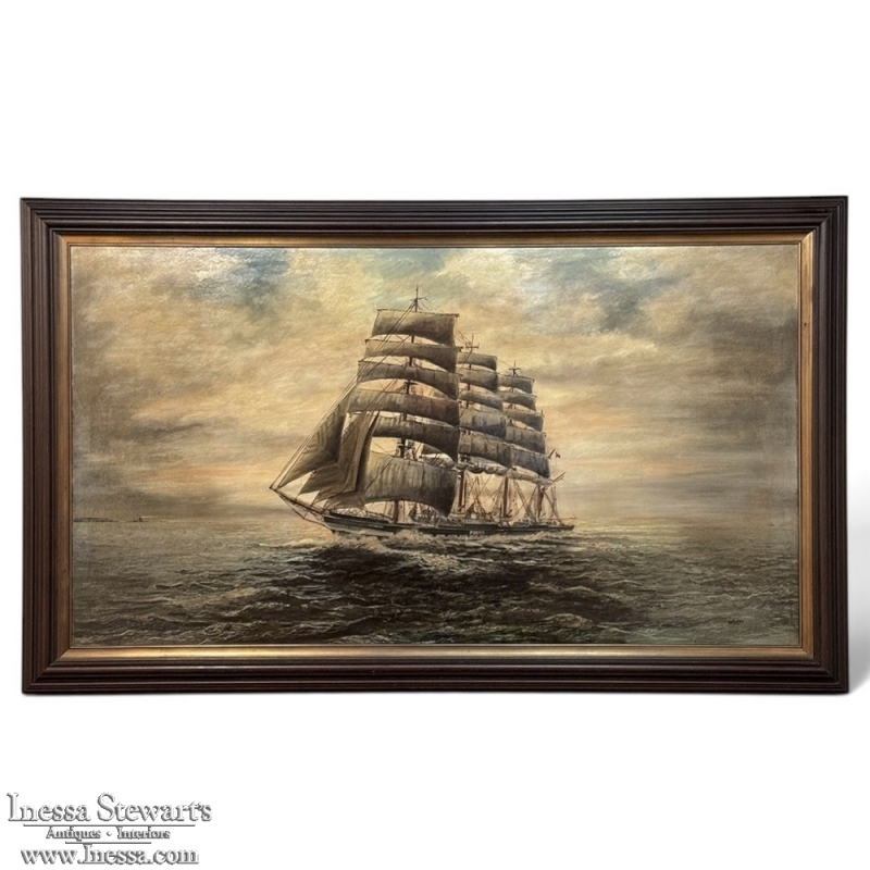 Mid-Century Framed Oil Painting of Four-Masted Ship by Alfred Gabali 'The Preussen'
