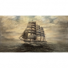 Mid-Century Framed Oil Painting of Four-Masted Ship by Alfred Gabali 'The Preussen'
