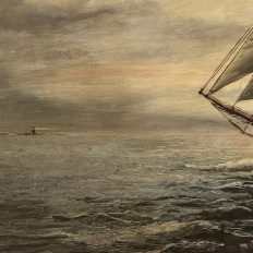 Mid-Century Framed Oil Painting of Four-Masted Ship by Alfred Gabali 'The Preussen'