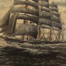 Mid-Century Framed Oil Painting of Four-Masted Ship by Alfred Gabali 'The Preussen'