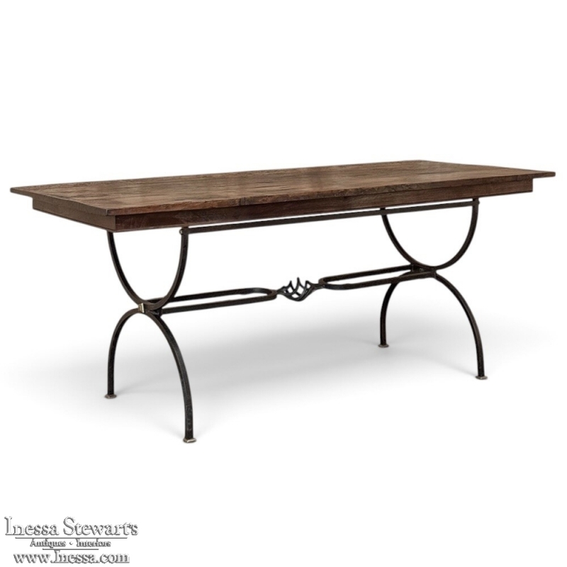 Country French Hand Forged Iron Dining Table With Antique Oak Top