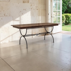 Country French Hand Forged Iron Dining Table With Antique Oak Top