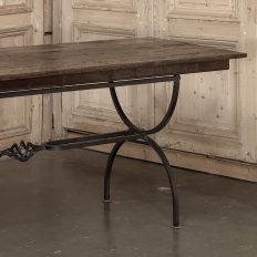 Country French Hand Forged Iron Dining Table With Antique Oak Top